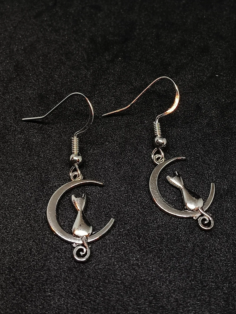 Whimsical Silver Cat & Crescent Moon Dangle Earrings
